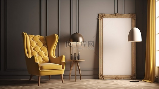 家庭背景图片_豪华室内 3D 渲染插图和框架模型中的黄色织物和柔软扶手椅