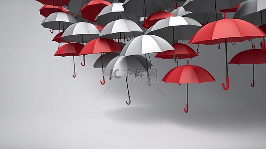 红色雨伞在漂浮在半空中的浅灰色雨伞群中脱颖而出 3d 渲染