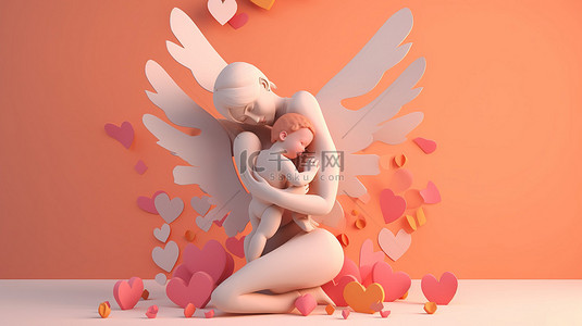 天使妈妈 3D 插图，有翅膀的母亲温柔地爱抚她的新生儿，带有心形图案