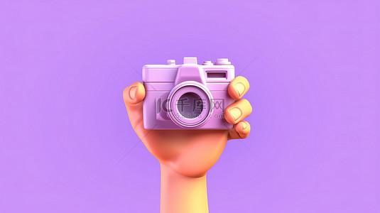 卡通手握着紫色背景上的相机的 3D 渲染插图，具有充足的复制空间