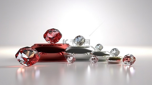 白色讲台上令人惊叹的钻石套装闪烁着 3D 渲染的水晶珠宝