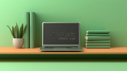 绿色电脑背景背景图片_放置在绿色架子背景横幅上的笔记本电脑的 3D 插图