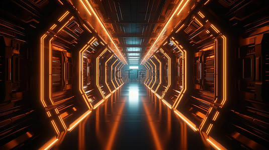 房背景图片_霓虹橙色 3D 渲染中发光的宇宙飞船的赛博朋克概念走廊