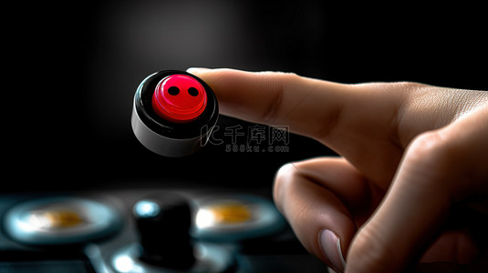 食指按下客户反馈设备上的满意按钮，混合了真实的手指照片和 3D 背景