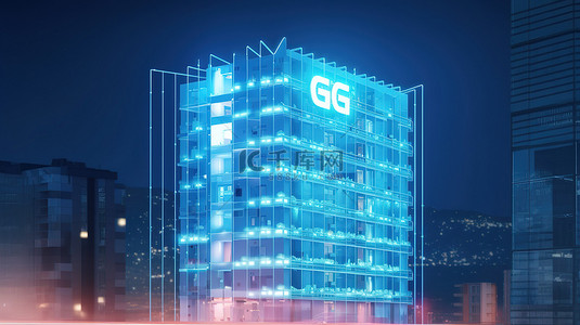 科技蓝光背景图片_下一级连接 6g 网络闪电般快速的移动互联网 3D 渲染，带有充满活力的蓝光和商业建筑