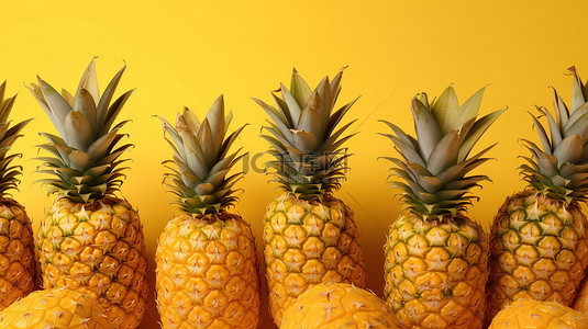 热带水果背景背景图片_3D 渲染健康营养的菠萝背景，在充满活力的黄色背景上提供新鲜成熟的热带水果