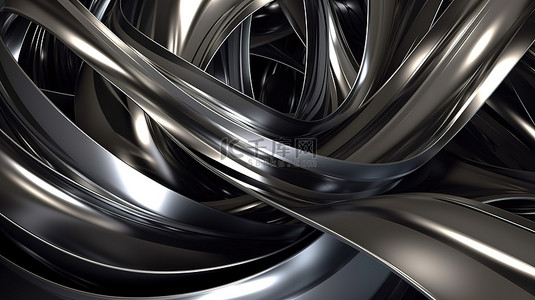 具有灰色 3D 几何和弯曲形状的抽象铬金属条背景