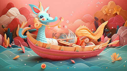 粽子形象背景图片_端午节水上粉色吉祥物龙舟