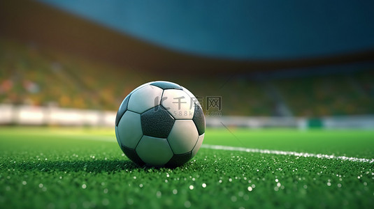 足球场球在郁郁葱葱的绿色场地上滚动的 3d 渲染