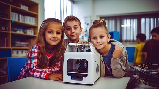 女老师背景图片_老师和孩子们用他们的新 3D 打印机摆出姿势