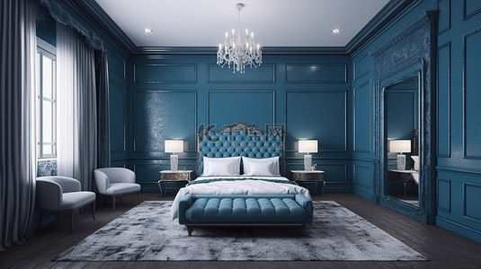 酒店背景图片_酒店复古套房令人惊叹的 3D 渲染蓝色卧室，配有电视和书桌