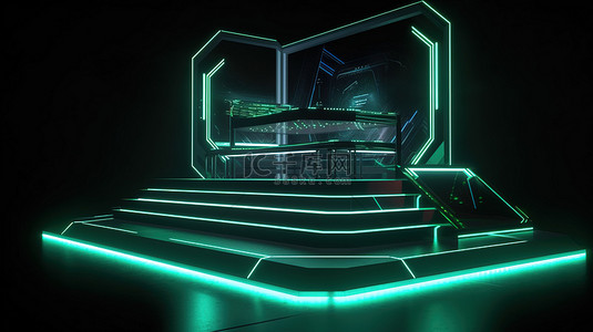 绿色时尚几何背景图片_时尚的黑色舞台，绿色霓虹灯几何讲台和 3D 渲染的科幻风格展台
