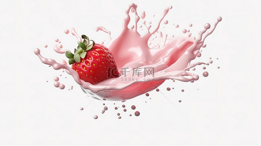 草莓酸奶溅在白色背景上的 3D 渲染插图
