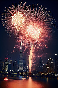 夜景背景图片_烟花照亮了城市和建筑物的天空