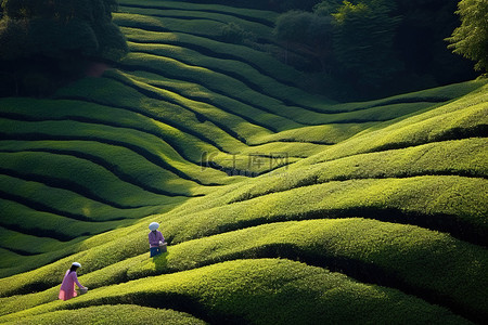 茶城背景图片_人们走过绿茶灌木种植园