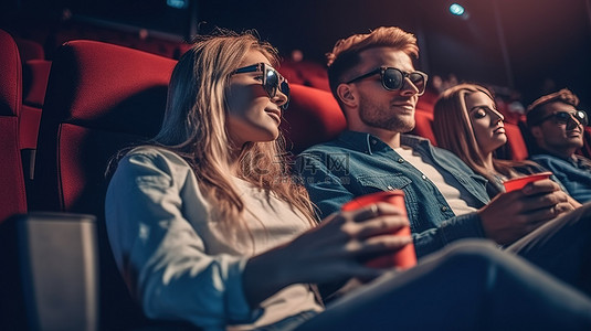 电影院里可爱的约会之夜 年轻夫妇戴着 3D 眼镜一起欣赏电影