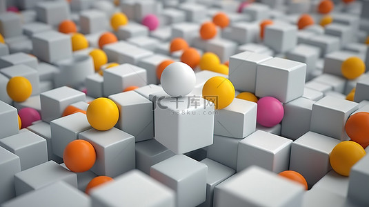 白色立方体背景图片_灰色背景上彩色球和白色立方体的抽象 3D 渲染