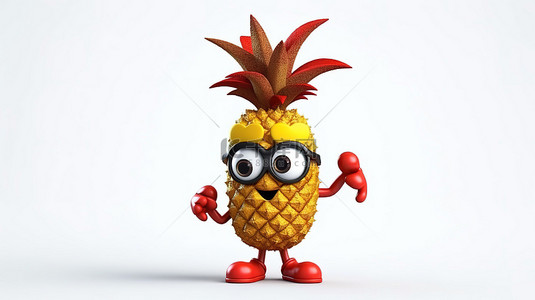 3D 渲染的卡通时髦菠萝，白色背景上带有红色问号，是时尚先锋的古怪吉祥物
