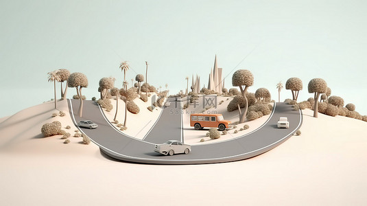 旅游和度假广告 一条蜿蜒道路的 3D 插图，带有高速公路隔离广告