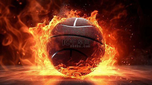 燃烧的篮球 篮球场着火的 3D 渲染