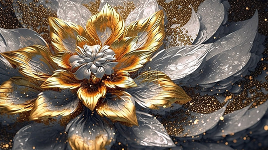 冬季雪花抽象 3D 花卉艺术金色质感之美