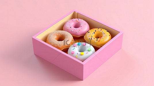 糕点场景背景图片_等距场景，具有 3D 渲染的甜甜圈盒，具有创意简约的设计