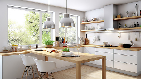 厨房一角背景图片_斯堪的纳维亚风格的厨房，配有时尚的硬木吧台舒适的吊灯和引擎盖，位于精心设计的 3D 角落