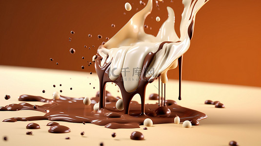 巧克力片层叠成带有牛奶奶油飞溅的巧克力酱的 3D 插图