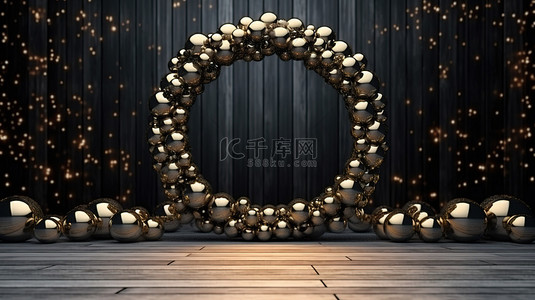 圣诞节黑金背景背景图片_中性背景 3D 渲染上带有黑色和金色装饰品的精致圣诞花环