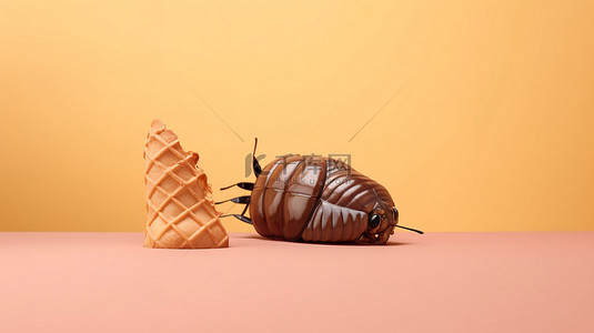 一个创意和简约的图像标题，用于 3D 多边形设计的巧克力羊角面包，漂浮在米色背景前，描绘放纵但不健康的食物