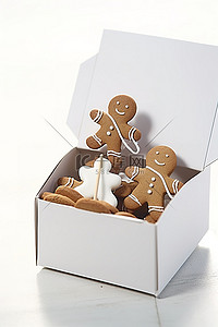 扁平背景板背景图片_姜饼人装在一个扁平的盒子里，盒子上有一个带标志的白色盒子