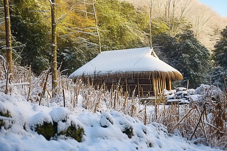 白雪覆盖的山坡上的竹屋