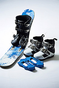 带有靴子和设备的滑雪板位于白色平坦的表面上