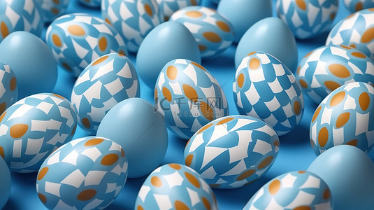 蓝色节日海报背景图片_Egg Cellent 复活节在蓝色背景上展示充满活力的 3D 鸡蛋，带有复杂的图案，非常适合个性化信息