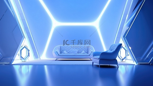 闪闪发光的钻石白色抽象蓝色房间，配有明亮的白色霓虹灯 3d 渲染