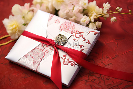 一份礼物和一个红包躺在中国纸上