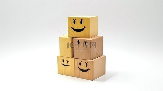 客户服务背景图片_客户服务评估木立方体的 3D 插图，白色背景上有笑脸