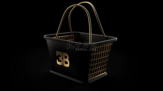 黑色星期五背景图片_黑色星期五销售概念 3D 插图，黑色袋子，深色背景上带有金色购物篮图标