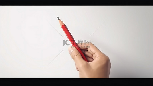 手握红铅笔在 3D 渲染的空白背景上的商业概念的异想天开的插图