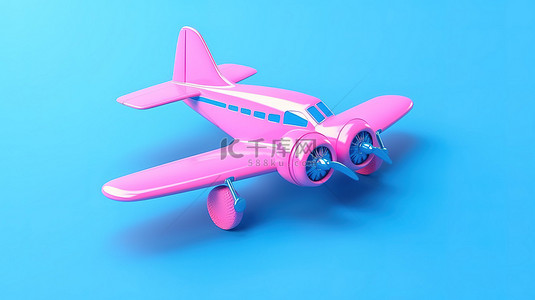 3D 渲染双色调蓝色卡通玩具喷气式飞机在粉红色背景上翱翔