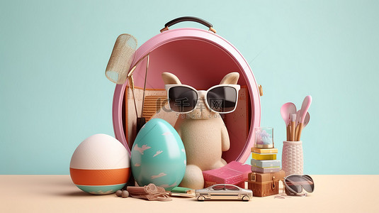 复活节彩蛋的 3d 渲染，带有兔子耳朵和带旅行必需品的太阳镜