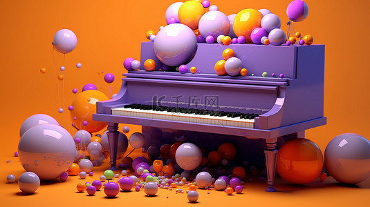 充满活力的音乐场景橙色钢琴，紫色背景 3D 渲染上带有彩色音符和球