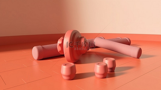 留在家里健身概念 3D 插图瑜伽垫和哑铃在运动背景上