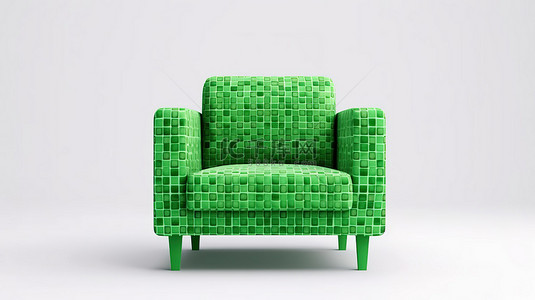 具有白色背景和图案的绿色扶手椅的抽象 3D 渲染