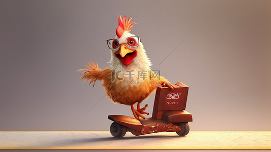 滑稽的 3D 鸡在带有标志的踏板车上巡航