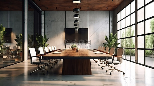 带会议室桌的现代阁楼风格商务会议室的美丽 3D 渲染