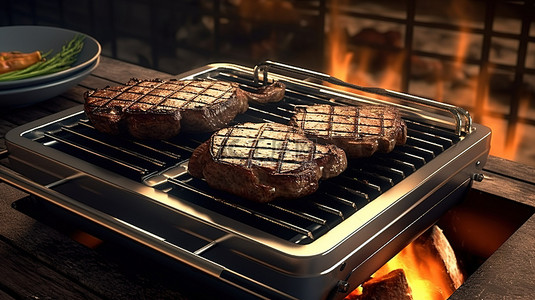烧烤表面上两块铁板牛排的 3D 渲染插图