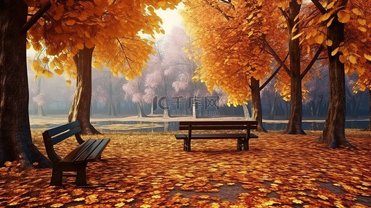 金秋十月背景图片_秋天风景 3D 插图的公园，有长凳和落叶，非常适合复制空间标题
