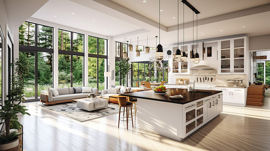 厨房背景图片_令人惊叹的开放式平面图设计在新的豪华住宅 3D 渲染中展示了美丽的厨房和客厅