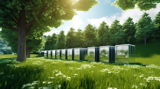 郁郁葱葱的自然景观中的创新太阳能集装箱单元 3D 渲染